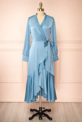 Akamari | Long Satin Blue Wrap Dress