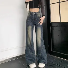 Americanretro Cement Grey Female Autumn Winter New Versatile Thin High-waisted Loose Wide-Legged Jeans