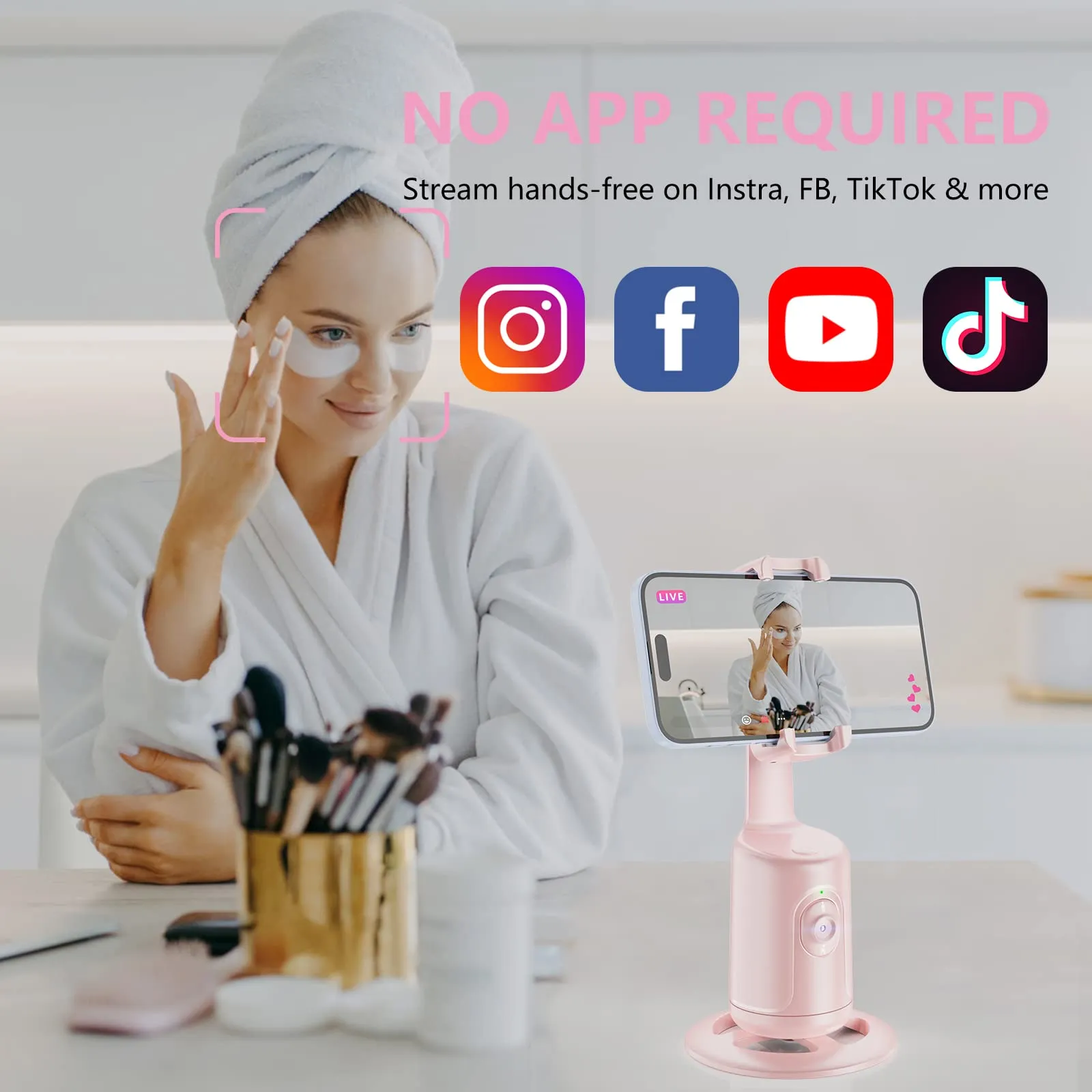 Auto Face Tracking Tripod, No App, 360° Rotation , Tiktok (Pink)