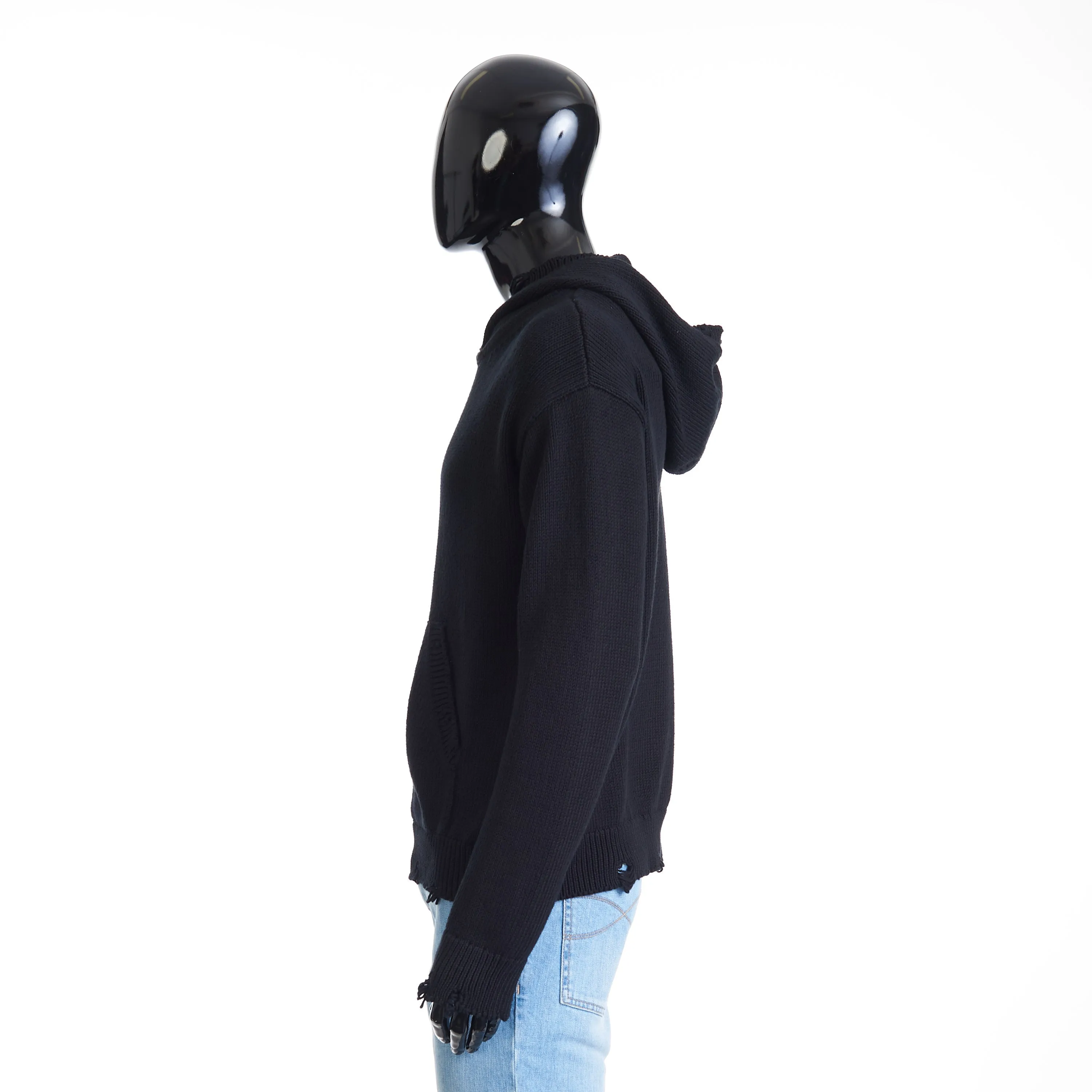 Black Distressed Hoodie Sweatshirt - Cotton, Ribbed