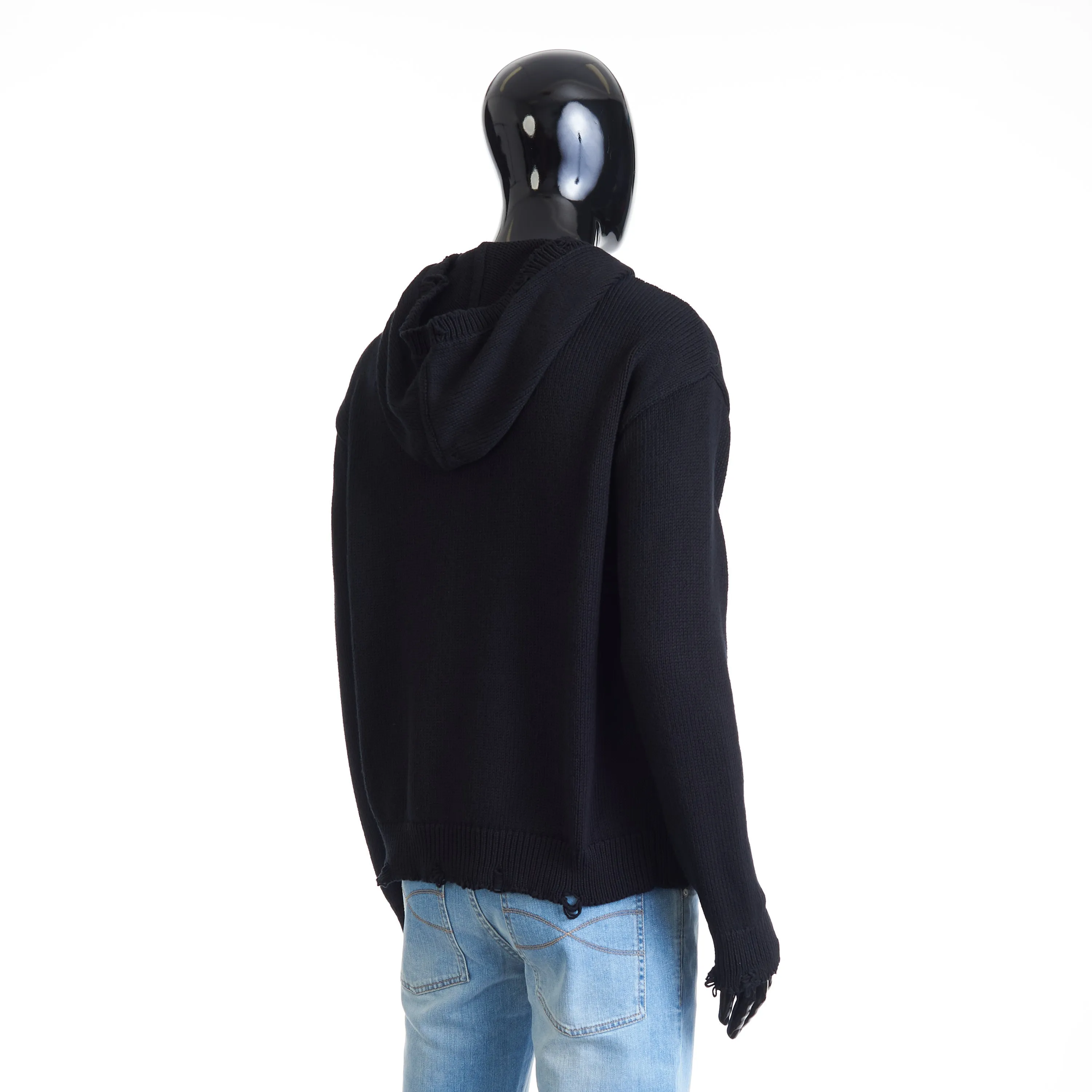 Black Distressed Hoodie Sweatshirt - Cotton, Ribbed