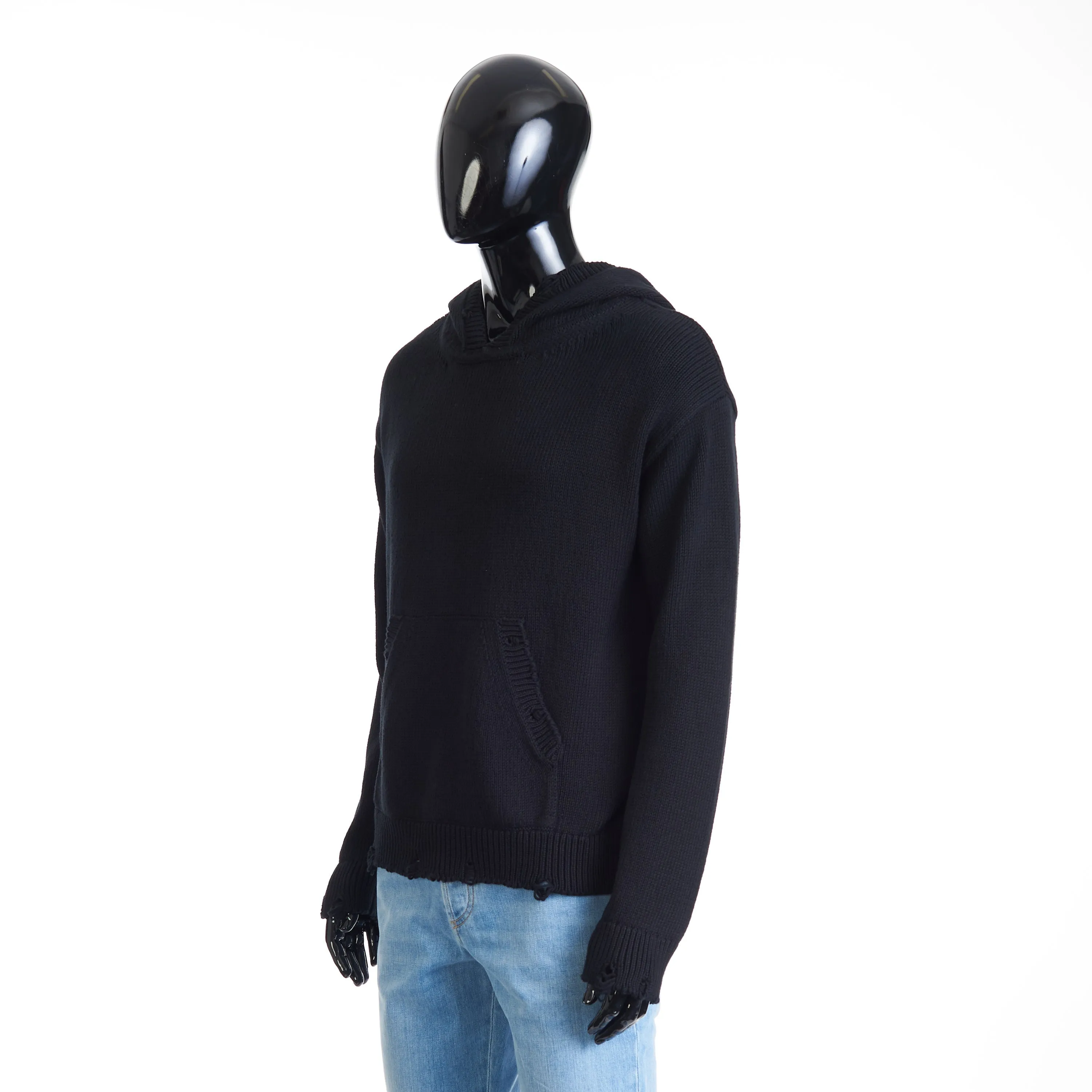 Black Distressed Hoodie Sweatshirt - Cotton, Ribbed