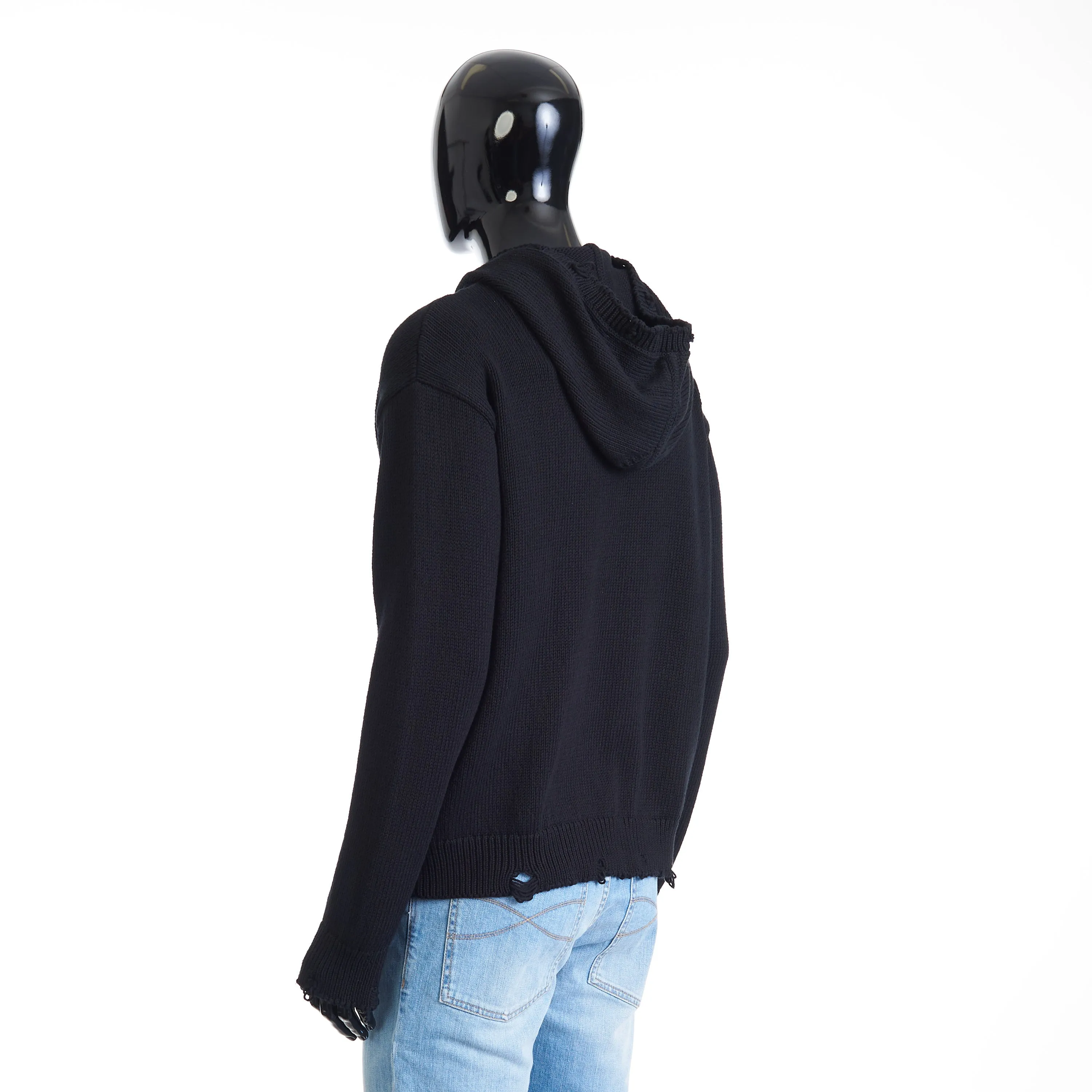 Black Distressed Hoodie Sweatshirt - Cotton, Ribbed