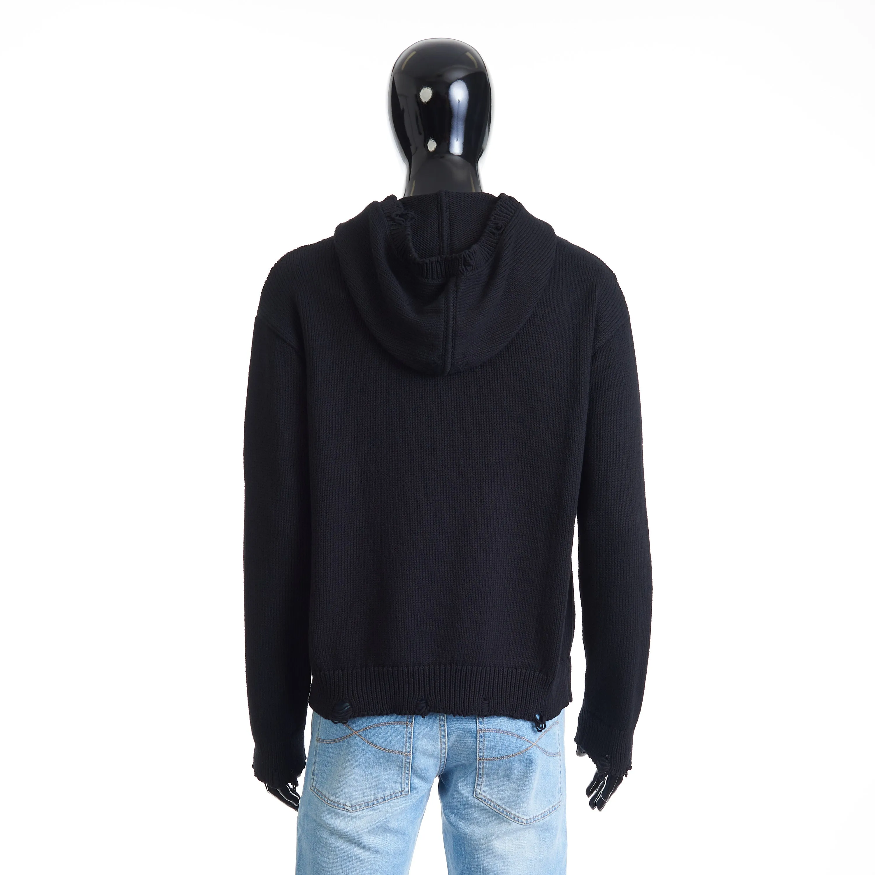 Black Distressed Hoodie Sweatshirt - Cotton, Ribbed