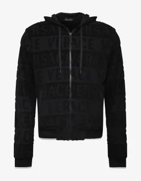 Black Towelling Logo Zip Hoodie