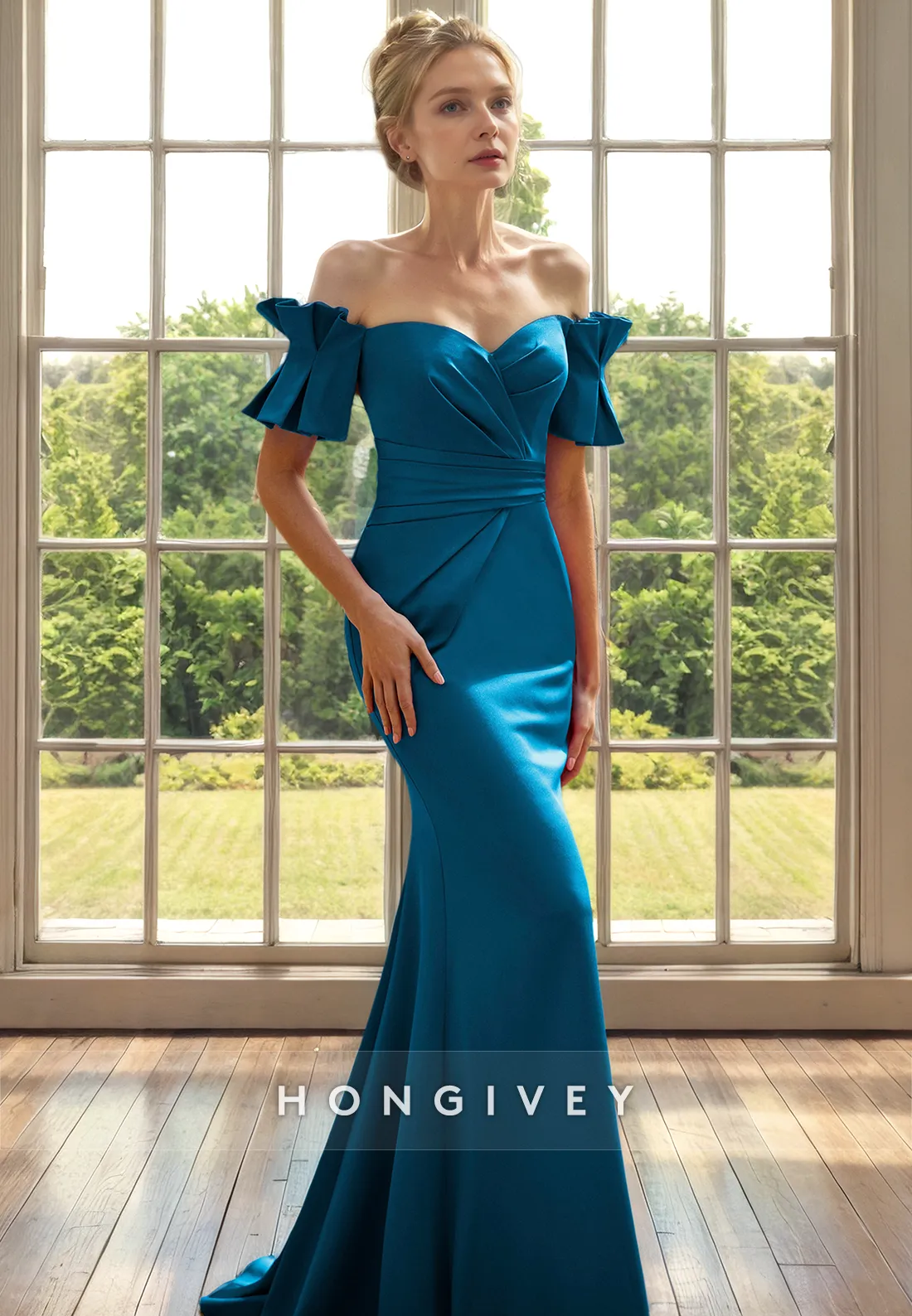 Casual Satin Trumpet Off-Shoulder Empire Mother of the Bride Dress