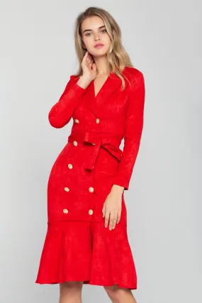 Cherry Red Button-up  Full Sleeves Midi Dress