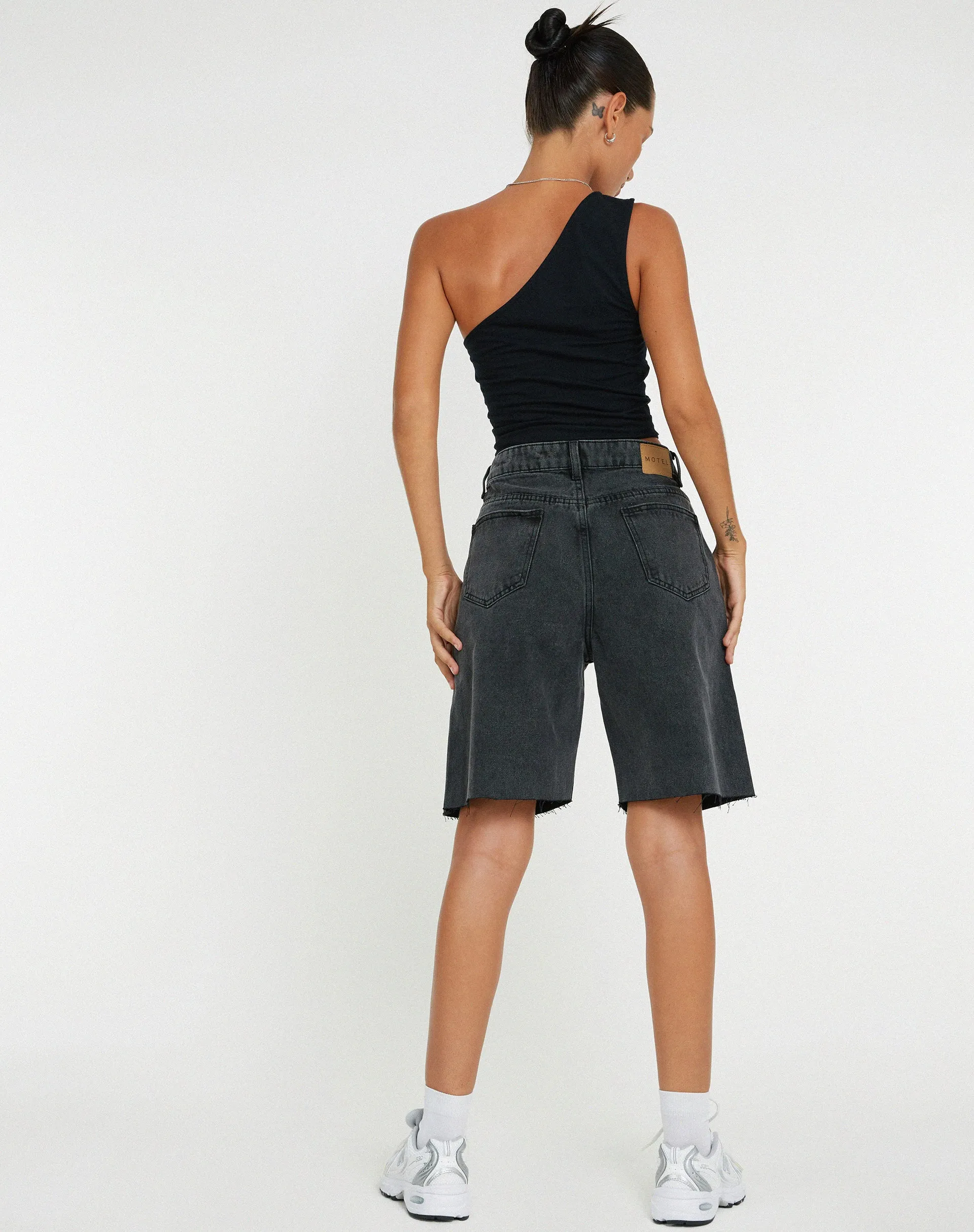 Longline Dad Denim Shorts in Black Wash