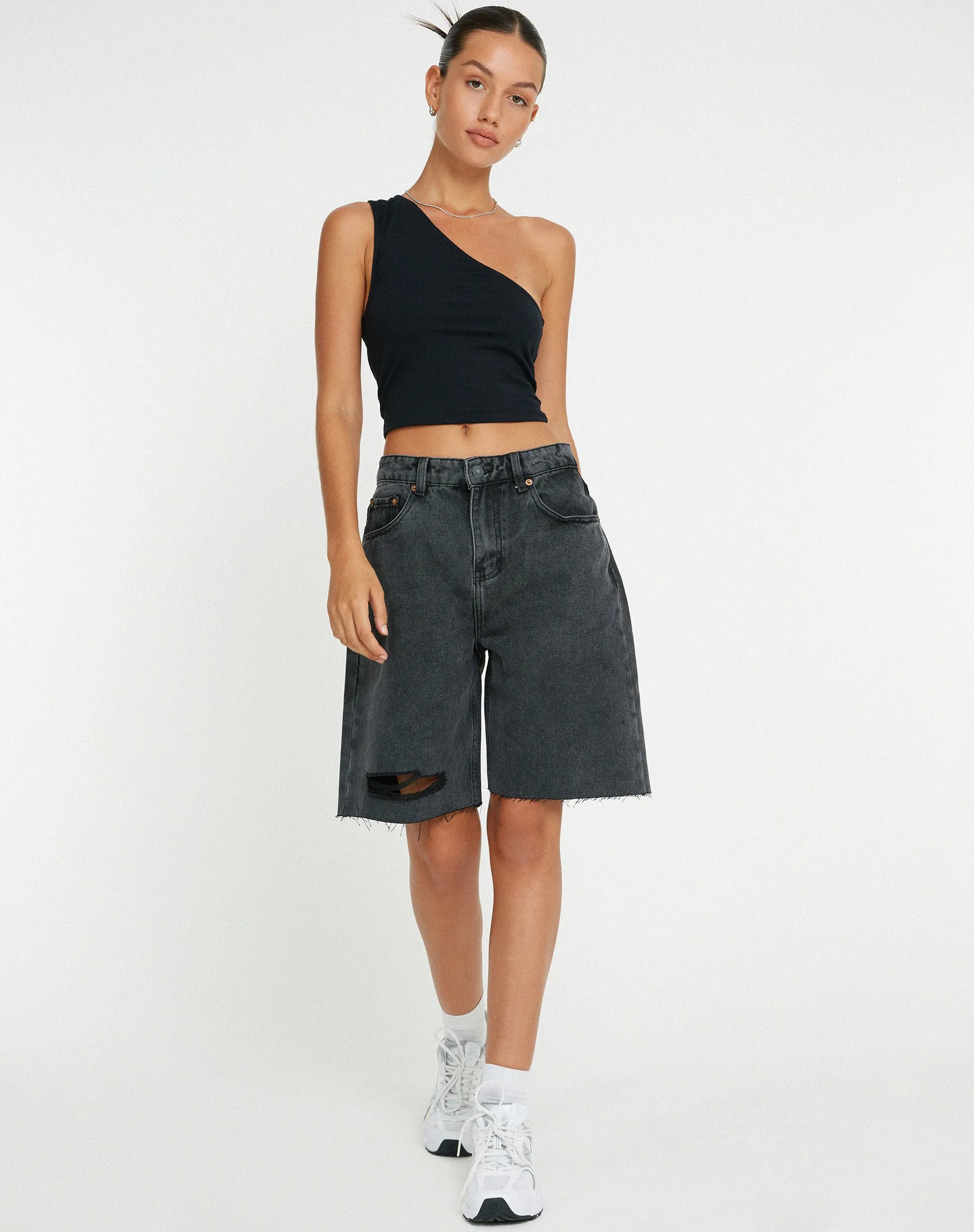 Longline Dad Denim Shorts in Black Wash