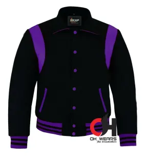 Men's Varsity Byron Collar Black Woolen Purple Leather Stripes Baseball Bomber Letterman Jacket Varsity Men's Women's Kid's college jackets