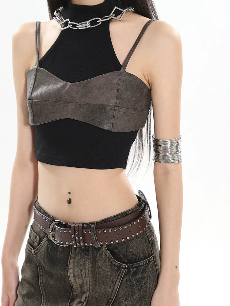 Mock Two-Piece Faux Leather Halter Cropped Tank Top