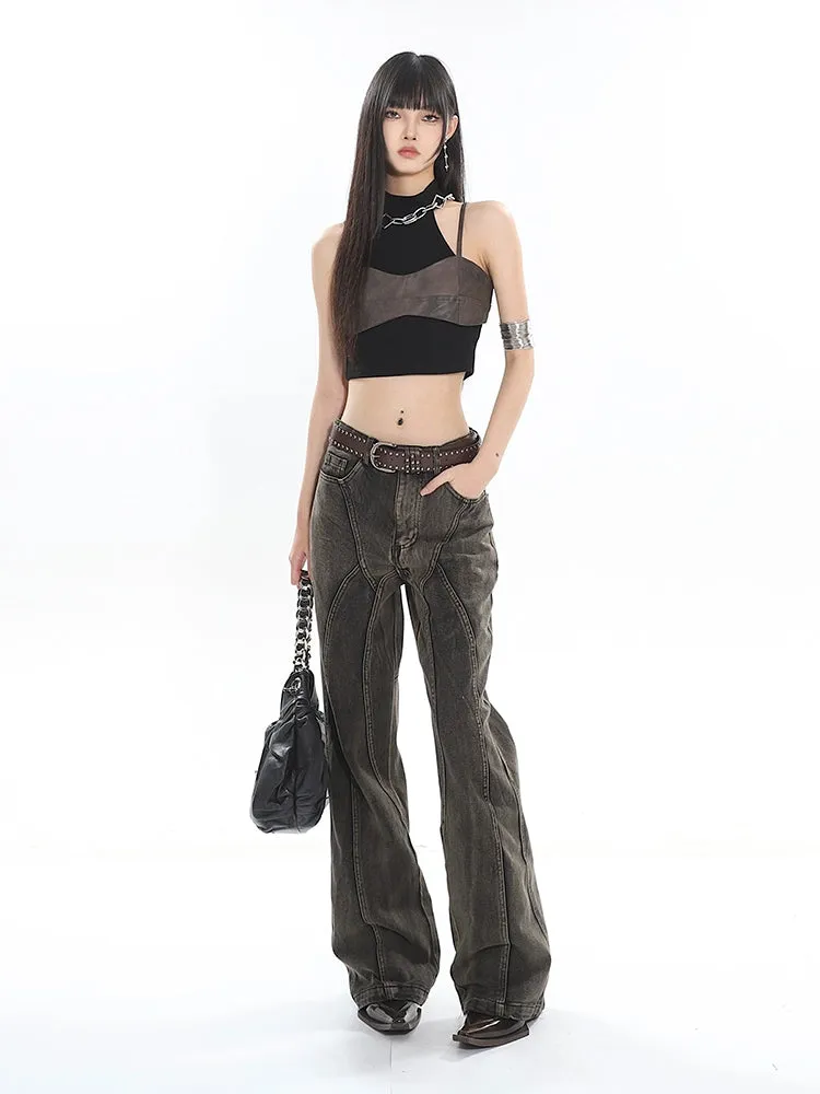 Mock Two-Piece Faux Leather Halter Cropped Tank Top