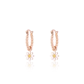 Rose gold coloured hoop earrings with a flower charm