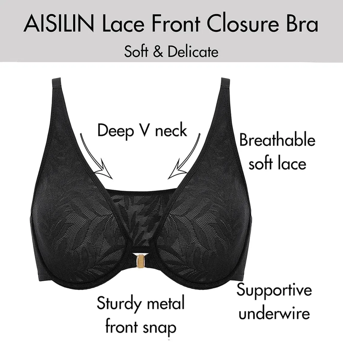 Soft Plunge Front Closure Bras - Smooth Floral Lace, Underwire, Full Cup, Thin Mold Cup - AISILIN