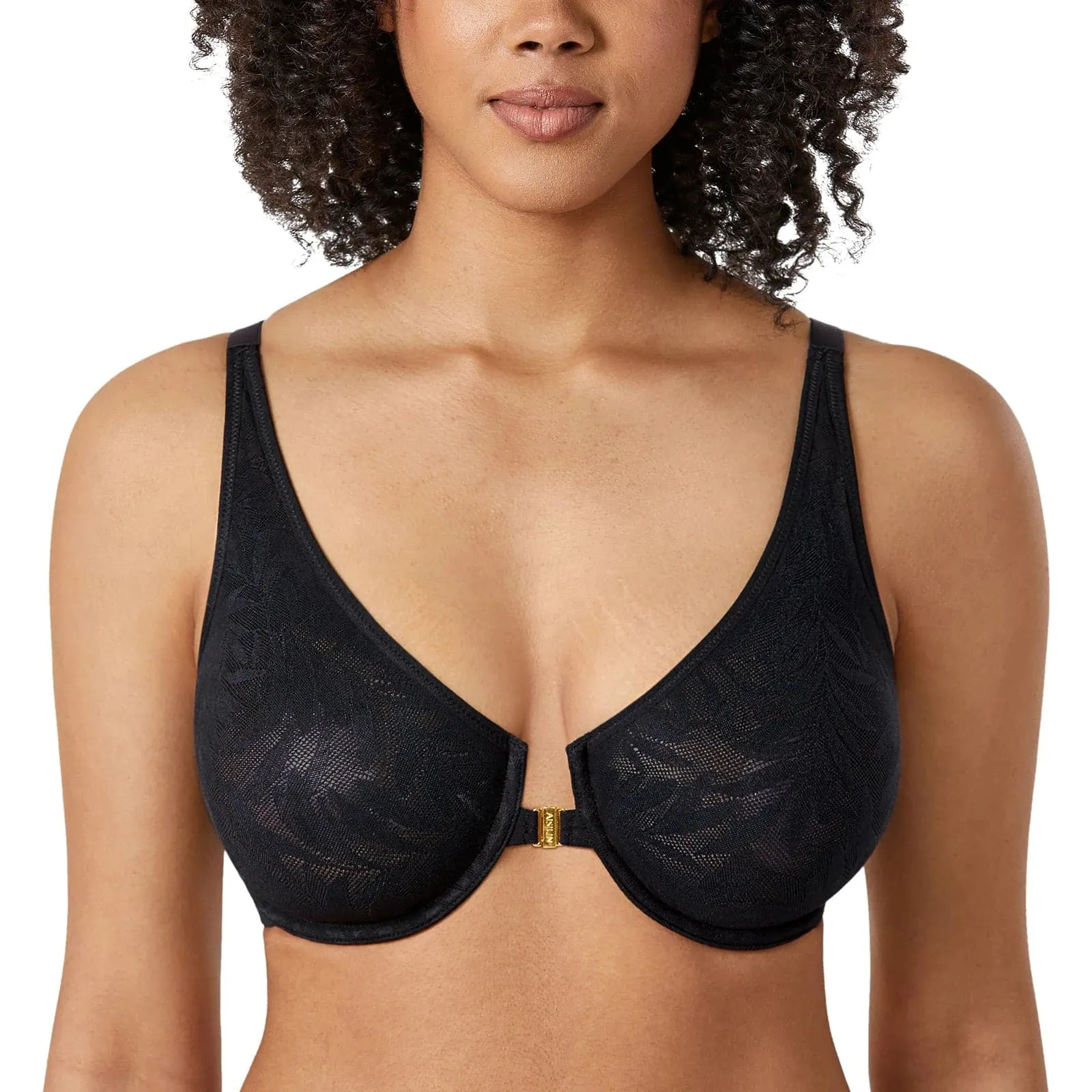 Soft Plunge Front Closure Bras - Smooth Floral Lace, Underwire, Full Cup, Thin Mold Cup - AISILIN